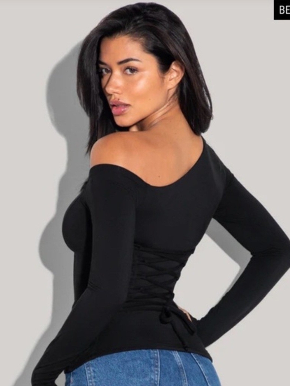 TA3 NWT Off-Shoulder Black Long-Sleeve Corset-Back Top